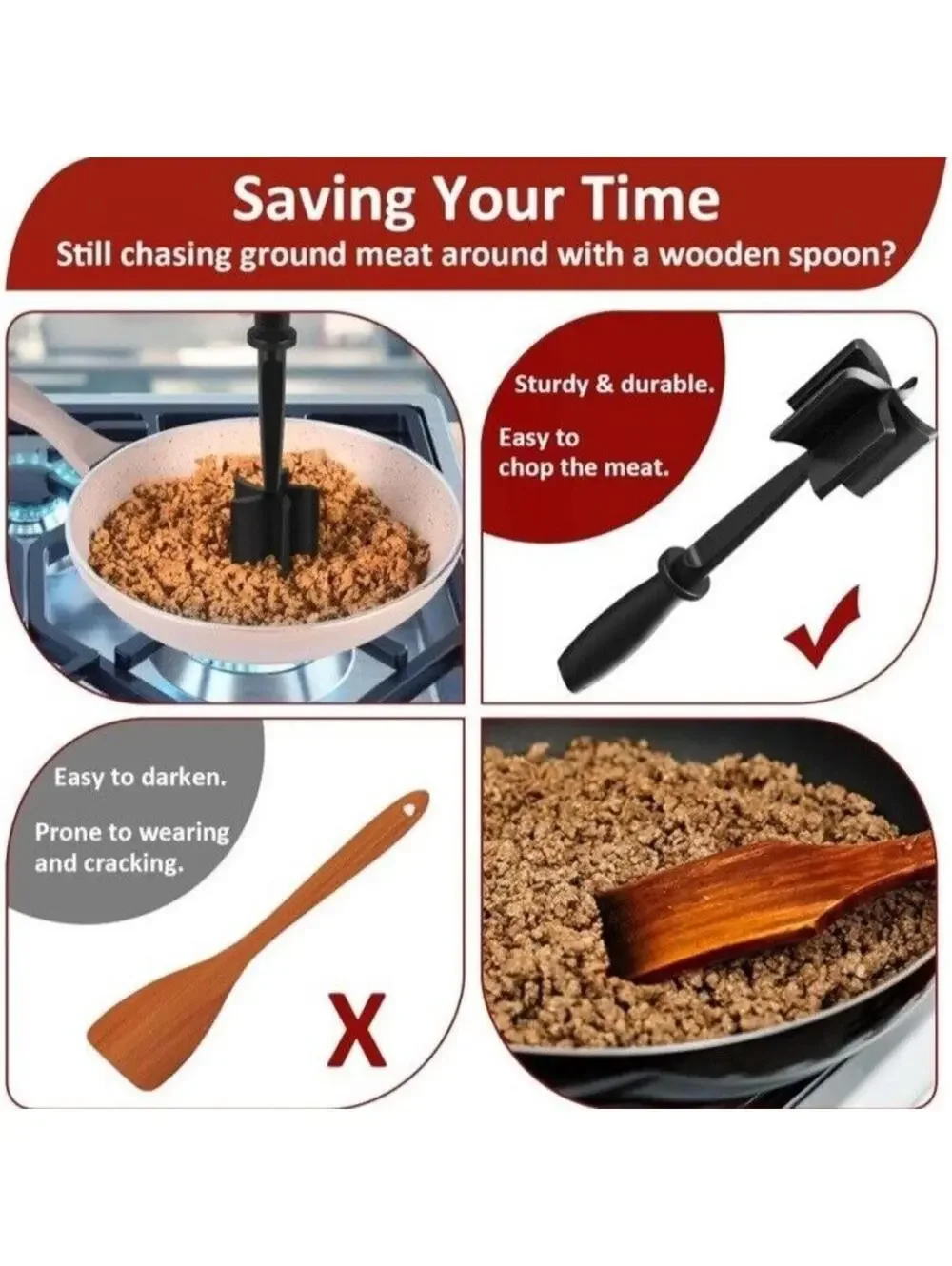 Meat Chopper 5-Curve Blade Ground Beef Masher for Hamburger Meat, etc.